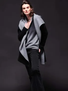 Cashmere/Cotton Reversible Hooded Coatigan in Black/Grey Shadow