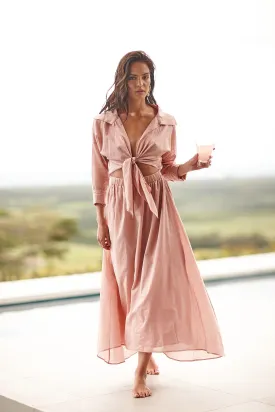 Cassia Tie Shirt Dress in Clay Pink