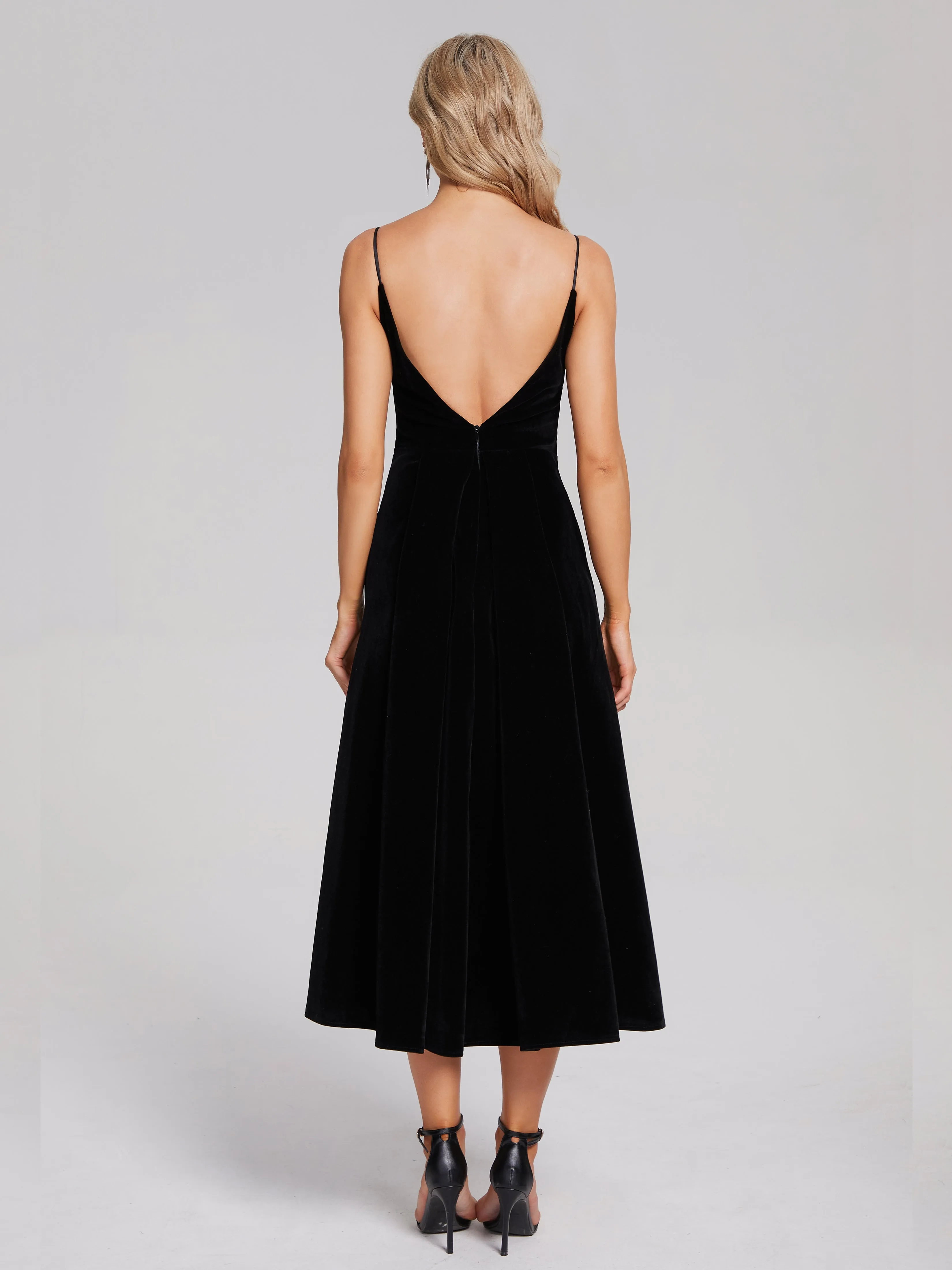 Cassidy Black Tea Length Velvet Dresses