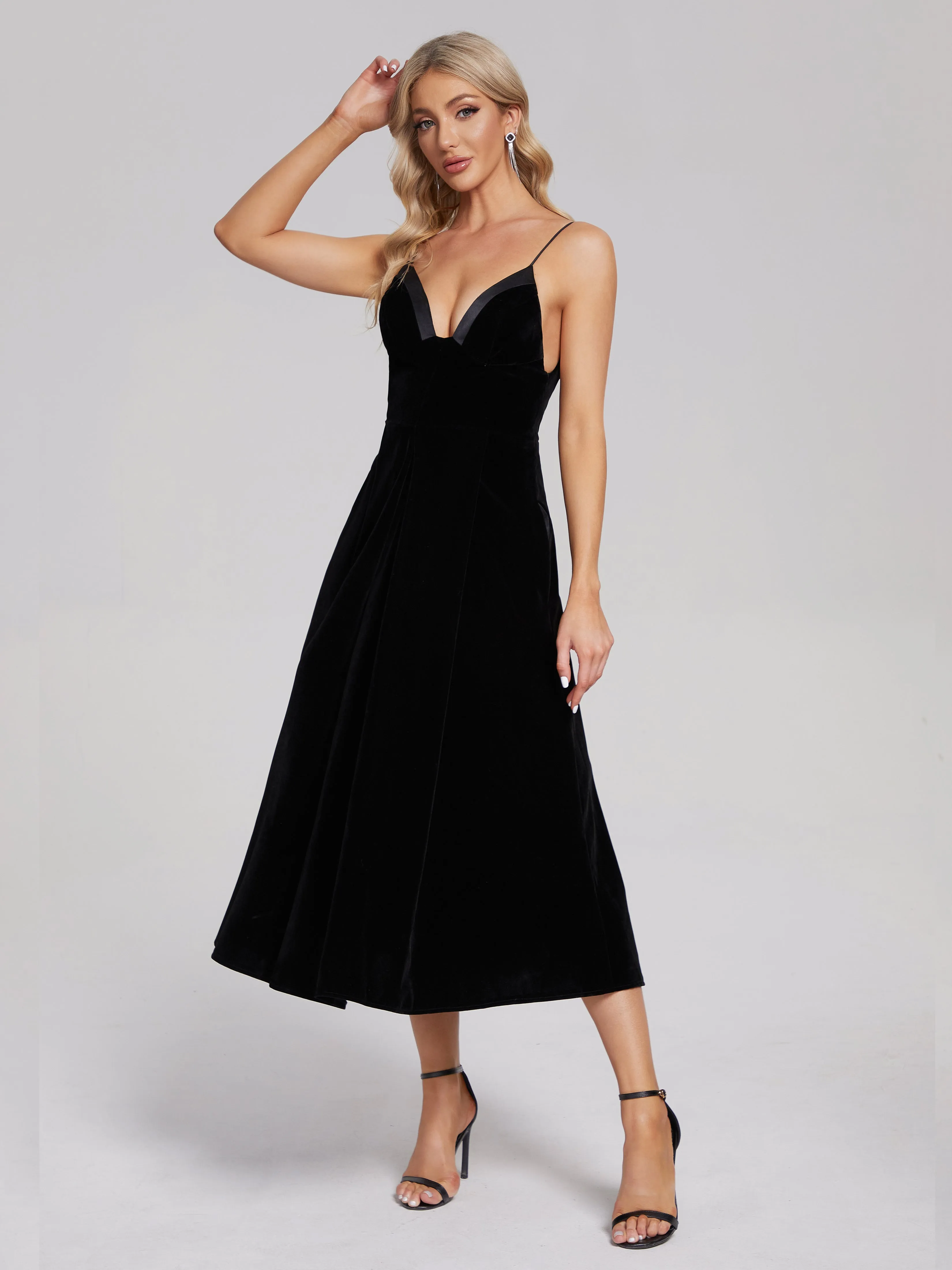 Cassidy Black Tea Length Velvet Dresses