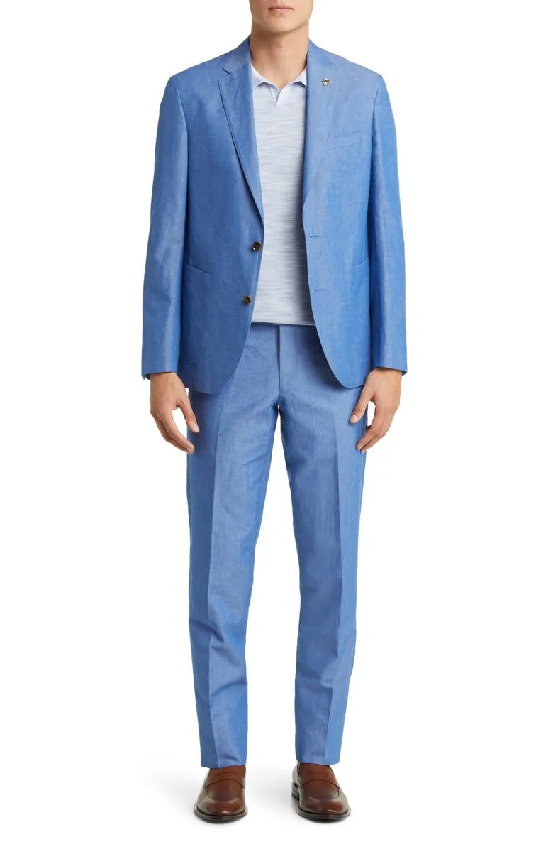 Casual 2 Piece Blue Linen Double Button Men's Suit (Blazer Pants）