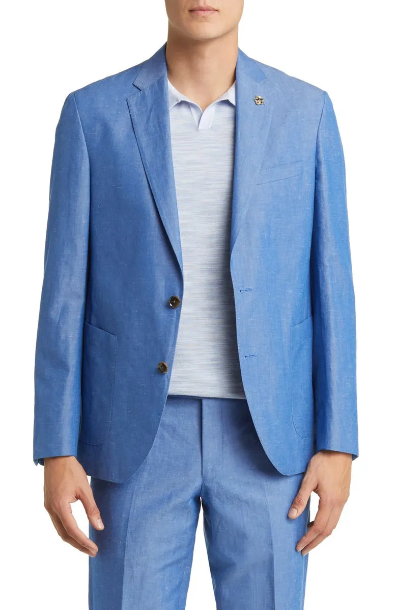 Casual 2 Piece Blue Linen Double Button Men's Suit (Blazer Pants）