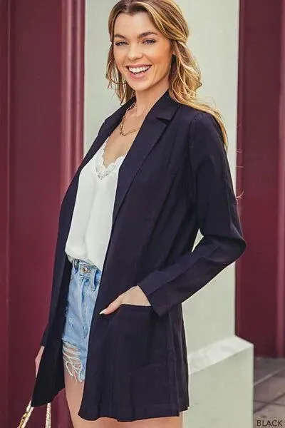 Casual-chic Open Front Black Blazer for Women