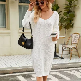 Casual Deep V Neck Long Sleeve Cable Knit Winter Sweater Midi Dress