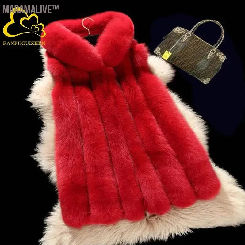 Casual Faux Fur Vest for Women Hooded Furry Jacket Warm Winter Outwear Plus Size New