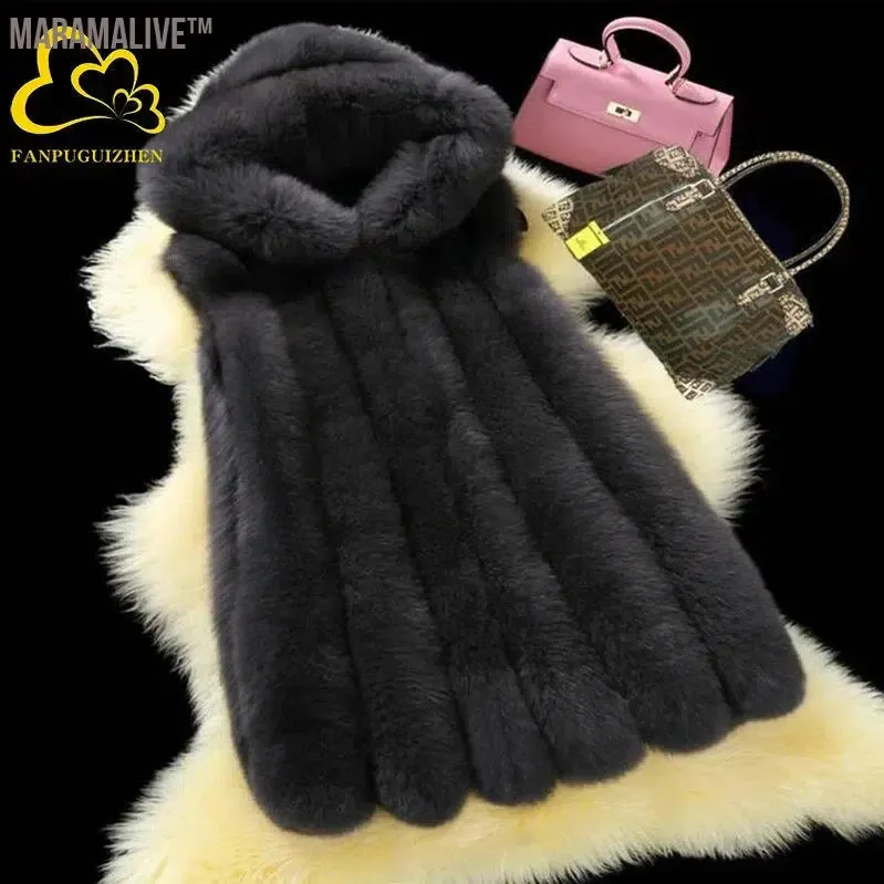 Casual Faux Fur Vest for Women Hooded Furry Jacket Warm Winter Outwear Plus Size New