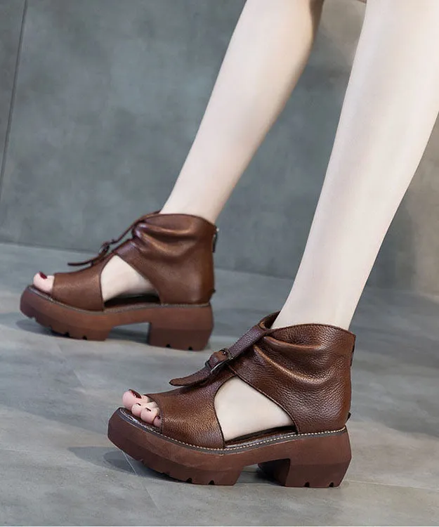 Casual Hollow Out Wedge Sandals Brown Cowhide Leather Platform Chunky High Heels LC0524