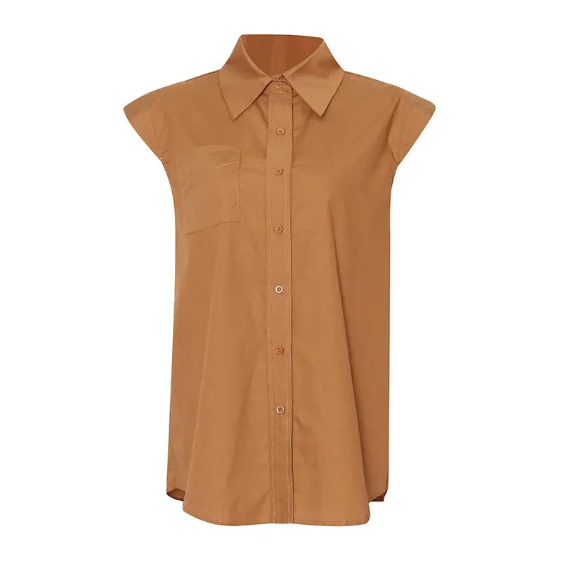 Casual Loose Shirt Female Lapel Collar Sleeveless Ruched Elegant Bloues For Female Fashion Clothes Summer