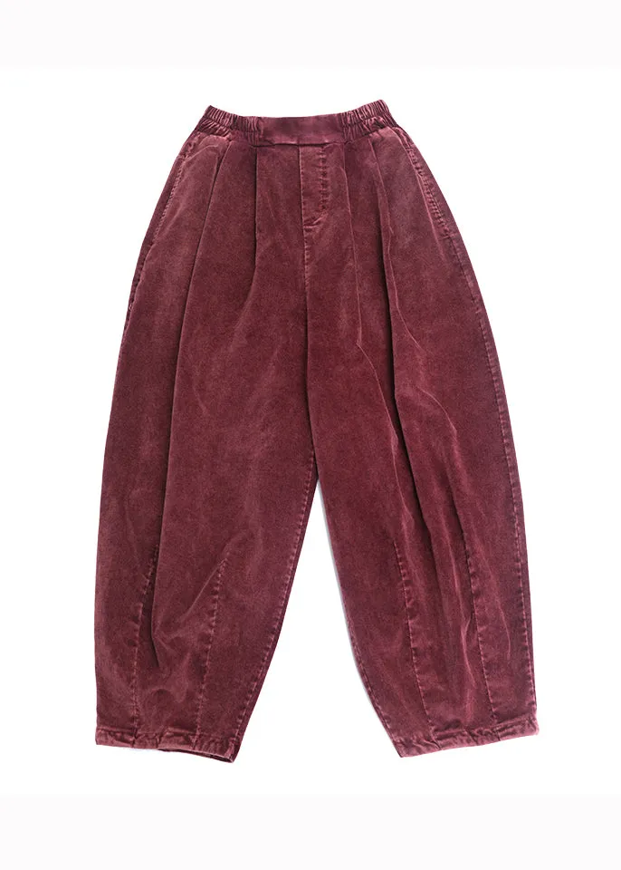 Casual Mulberry Wrinkled Pockets Corduroy Lantern Pants Fall ML1920