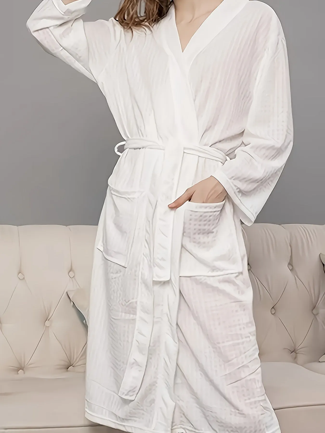 Casual Waffle Solid Night Robe, Long Sleeve V Neck Robe With Belt, Women's Sleepwear & Dresses For Fall & Winter