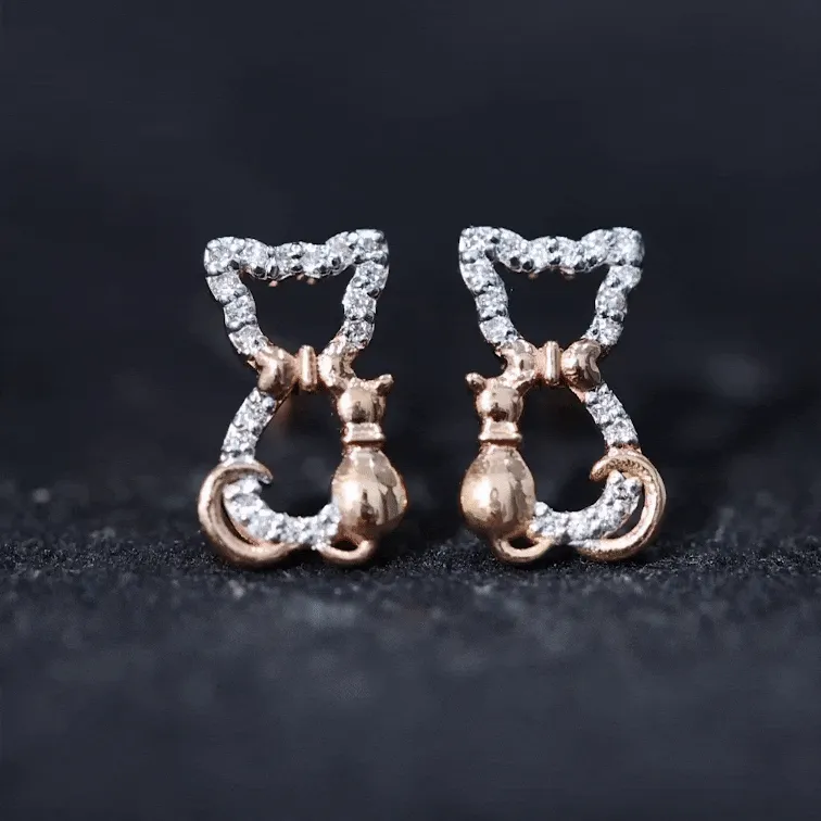 Cat Stud Earrings with Diamond Accent