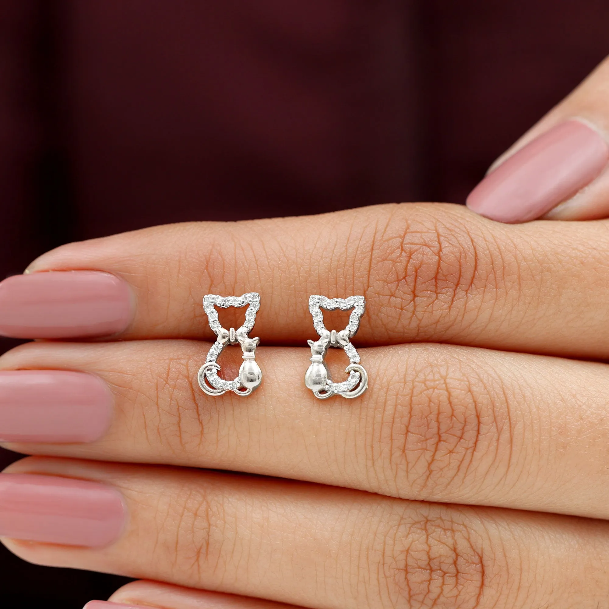 Cat Stud Earrings with Diamond Accent