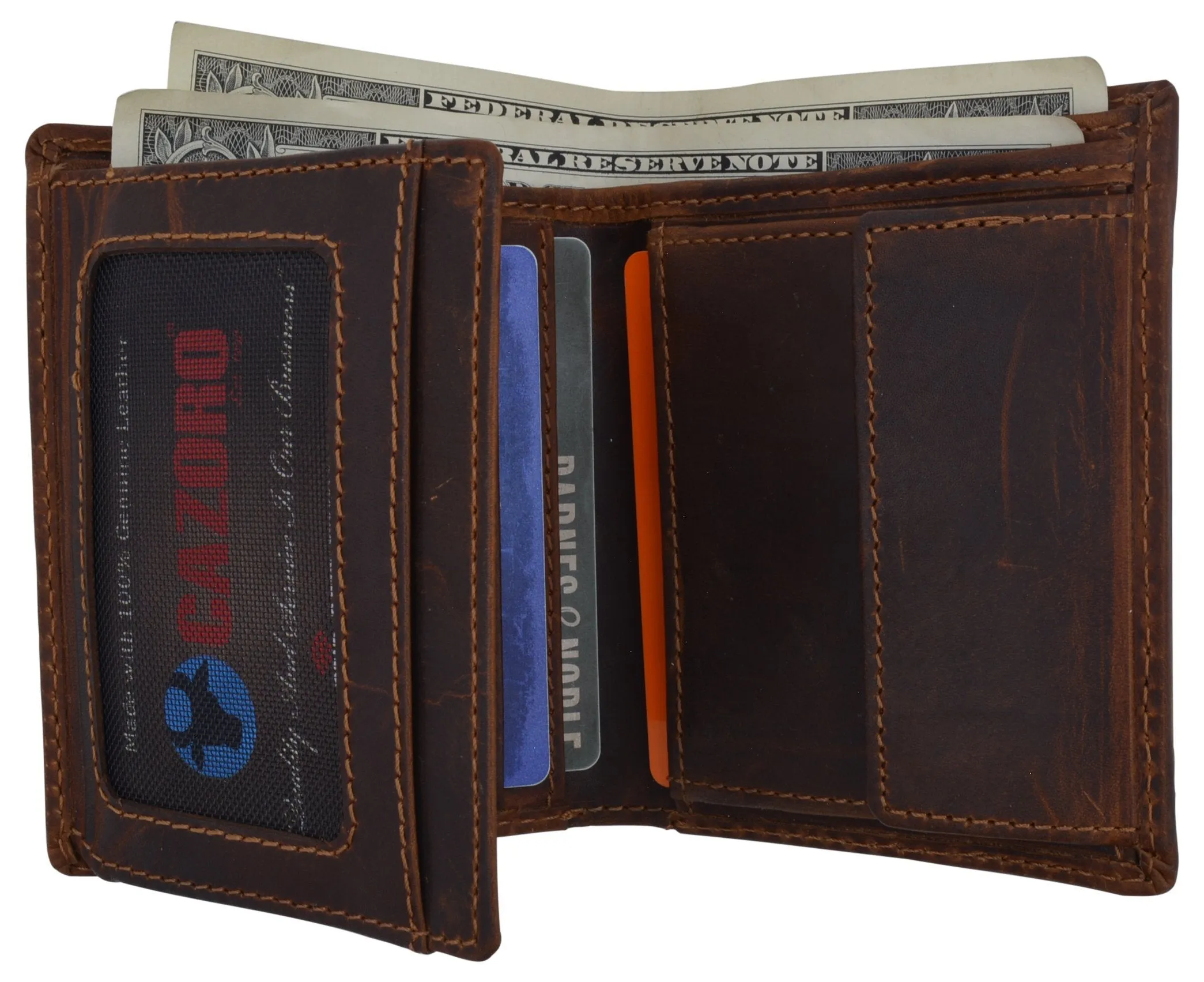 Cazoro Mens Hunter Leather RFID Bifold Trifold Card ID Wallet W/ Coin Pocket