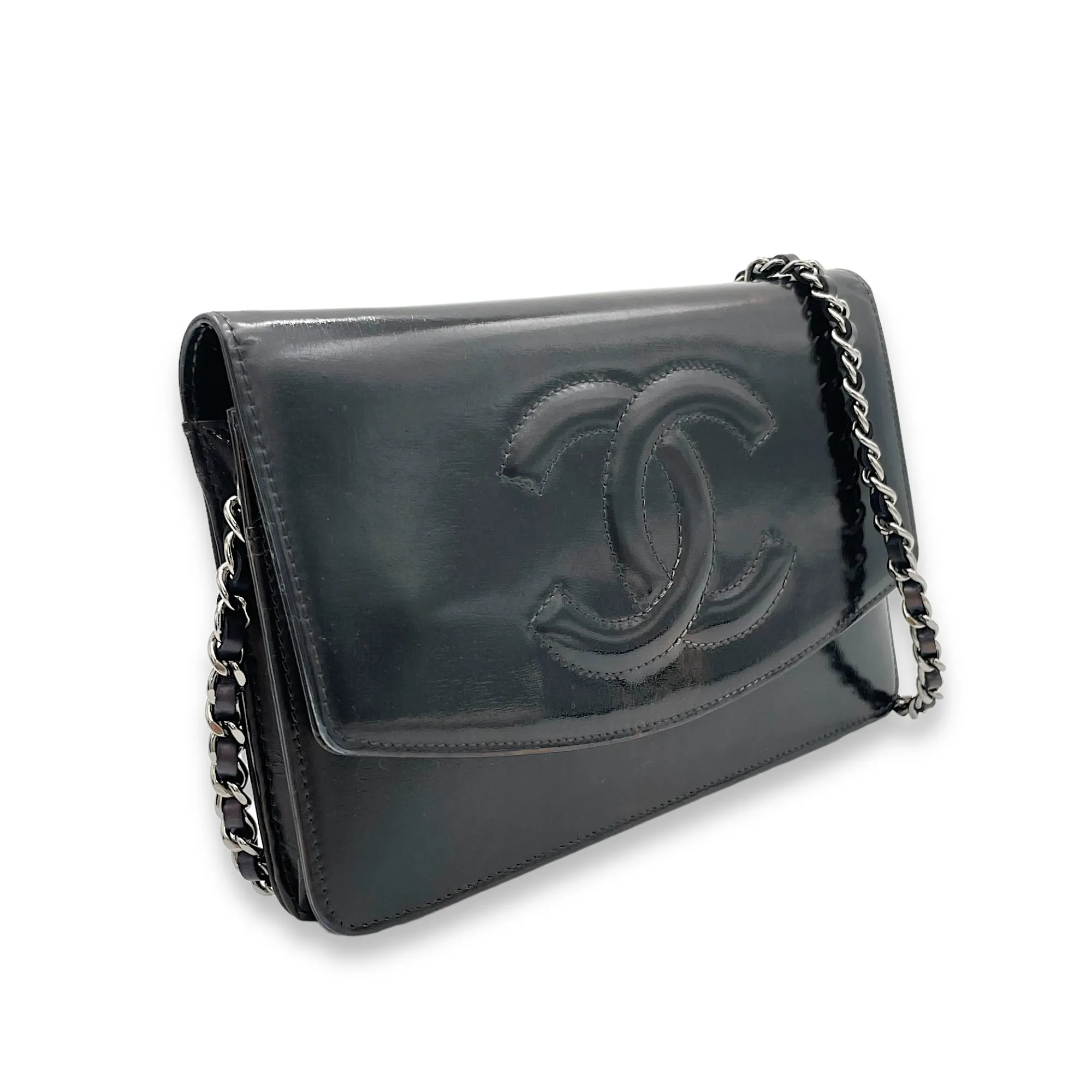 CC Wallet On Chain Black in Patent Leather, Silver hardware