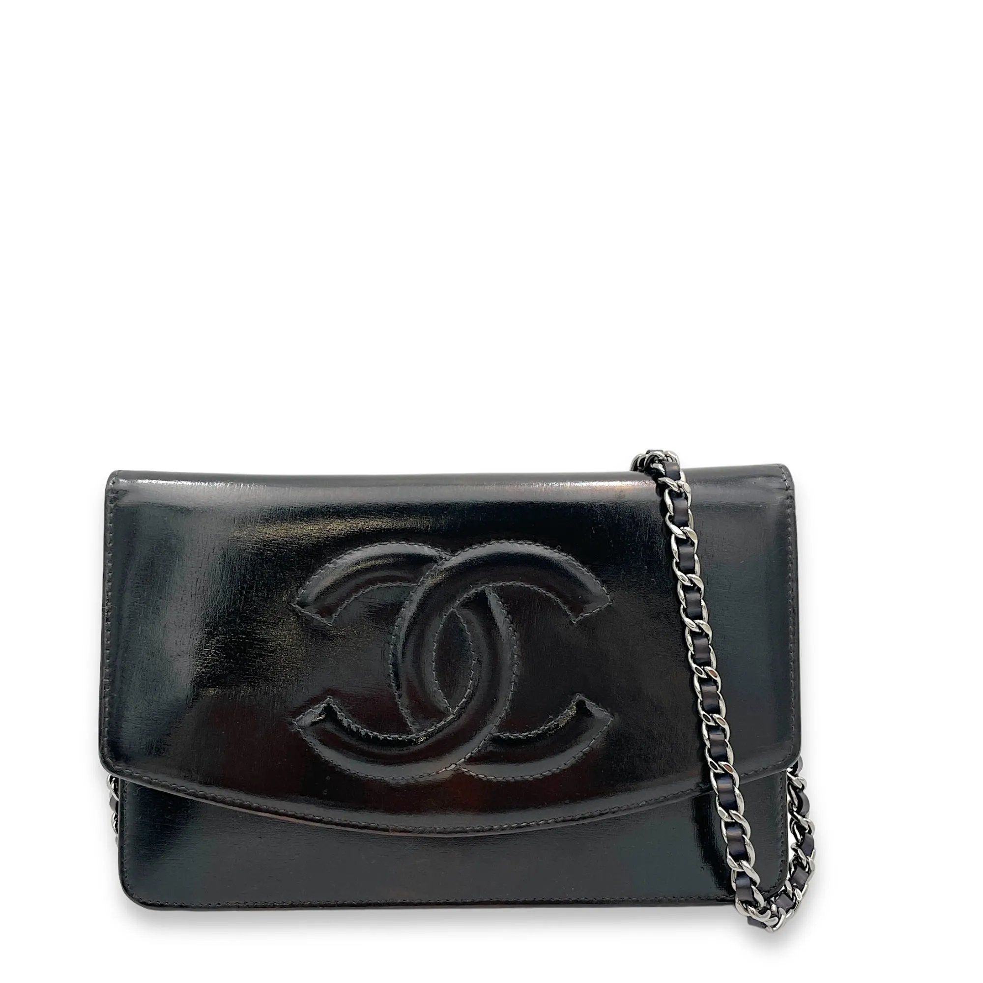 CC Wallet On Chain Black in Patent Leather, Silver hardware