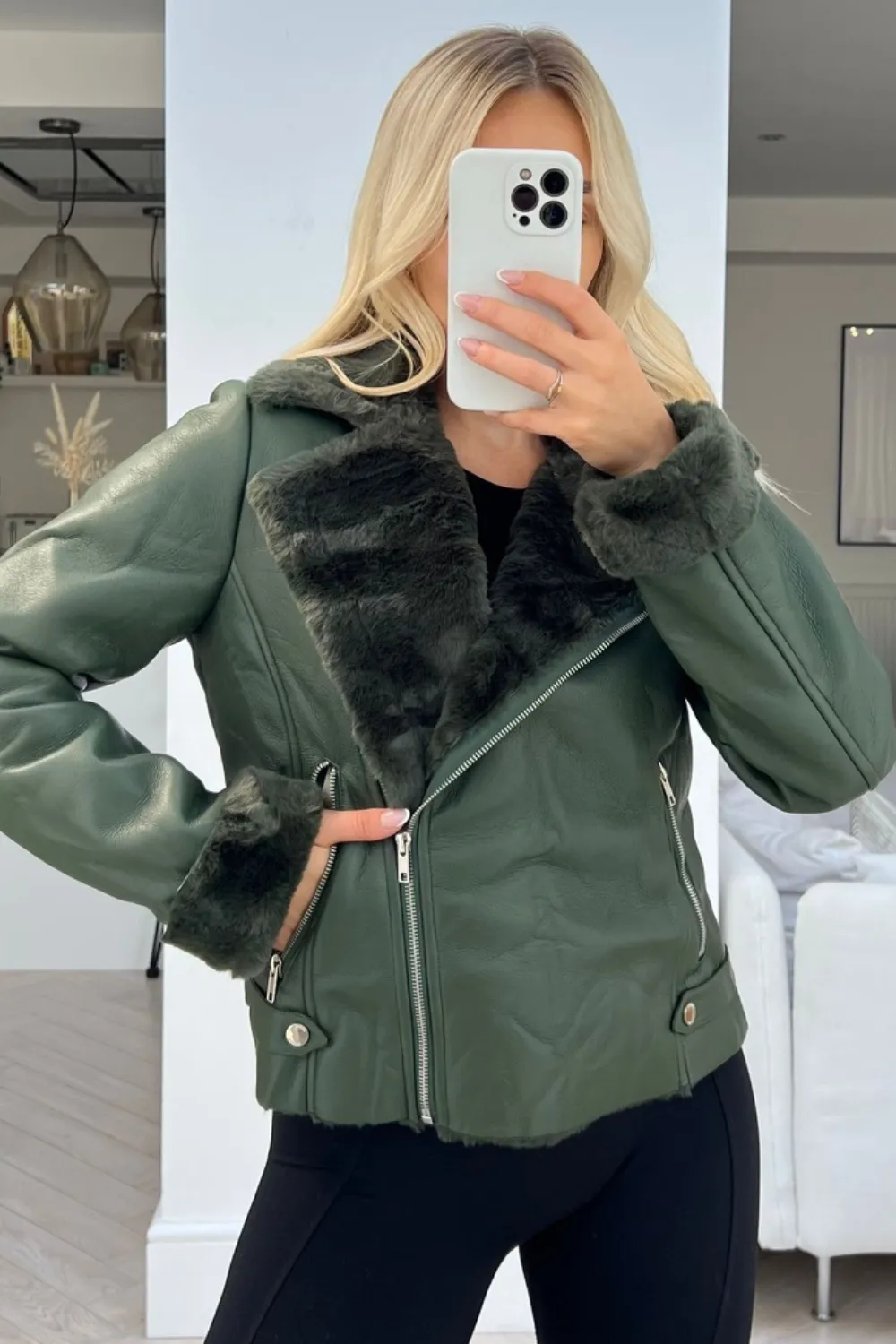 Celine green pu fut trim aviator jacket