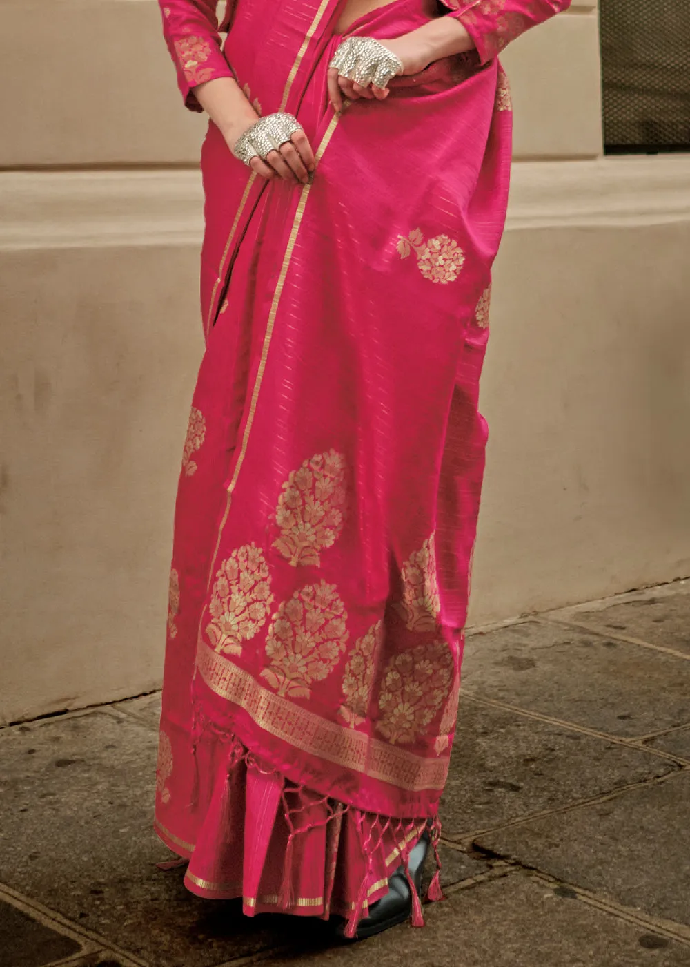 Cerise Pink Zari Handloom Woven Satin Silk Saree