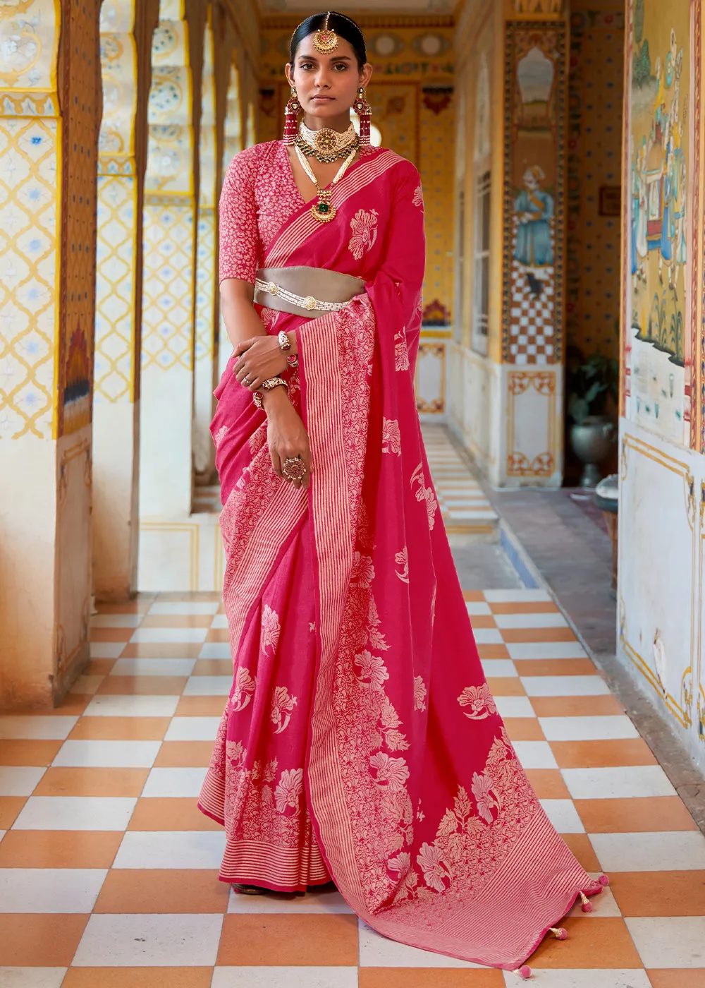 Cerise Pink Zari Woven Banarasi Silk Saree