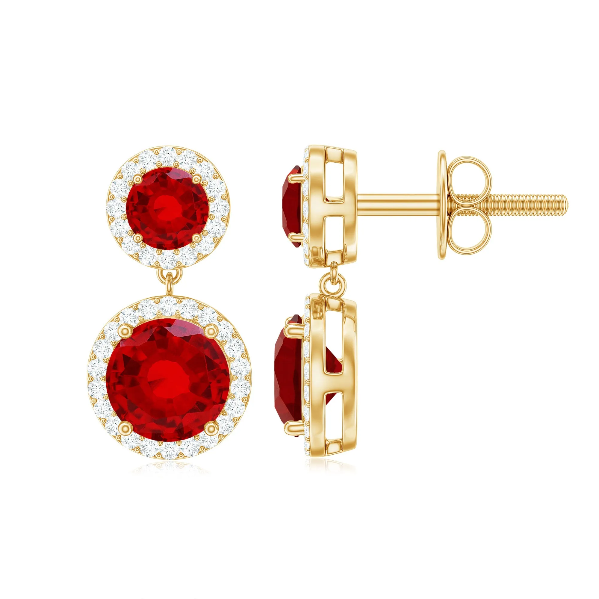 Certified Created Ruby and Diamond Halo Dangle Earrings