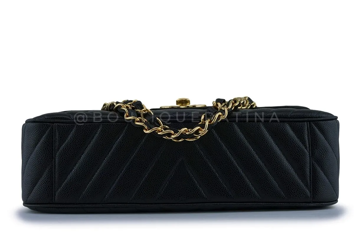 Chanel 1994 Vintage Black Chevron Caviar Maxi "Jumbo XL" Classic Flap Bag 24k GHW