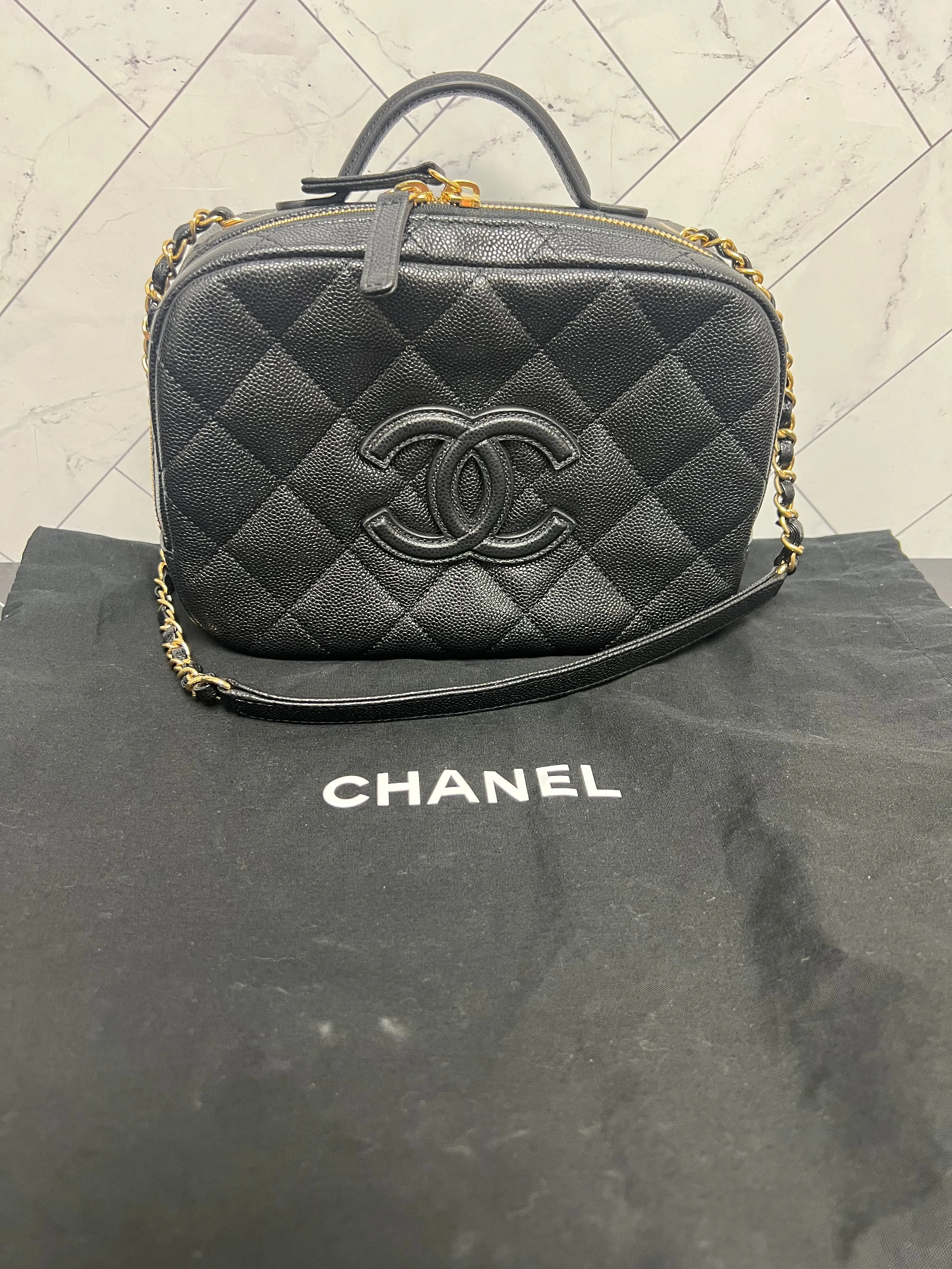 Chanel Black Caviar Quilted Small Top Handle Vanity Case