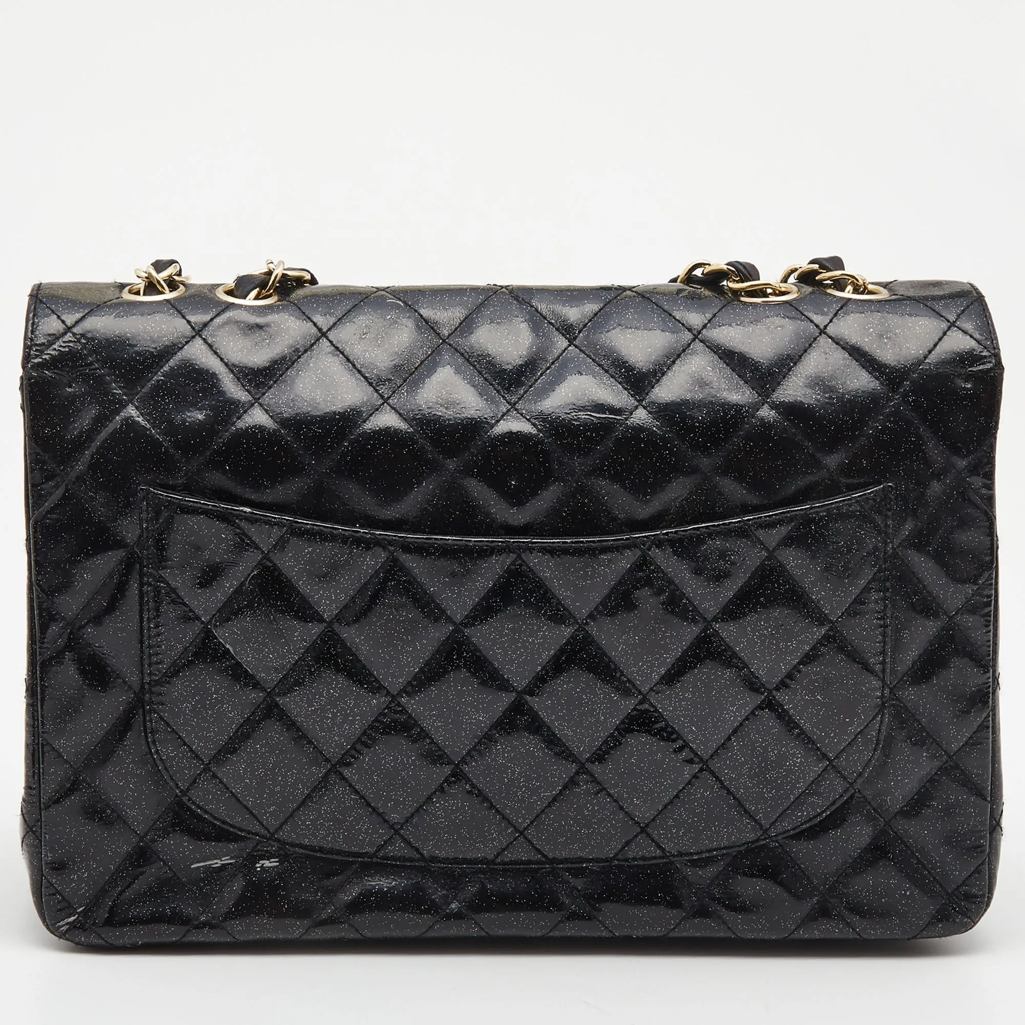 CHANEL Black Quilted Glitter Patent Leather Jumbo Classic Single Flap Bag