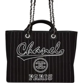 Chanel Large Deauville Shopping Bag Black and White Pinstripe Ruthenium Hardware