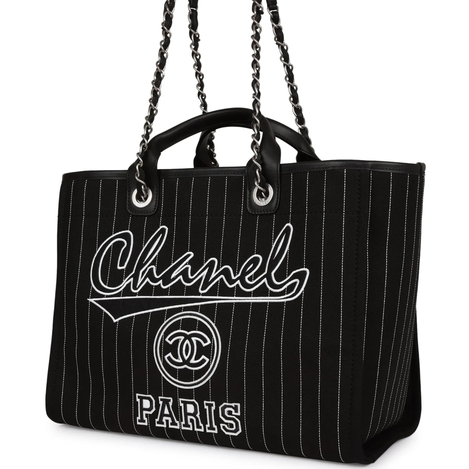 Chanel Large Deauville Shopping Bag Black and White Pinstripe Ruthenium Hardware