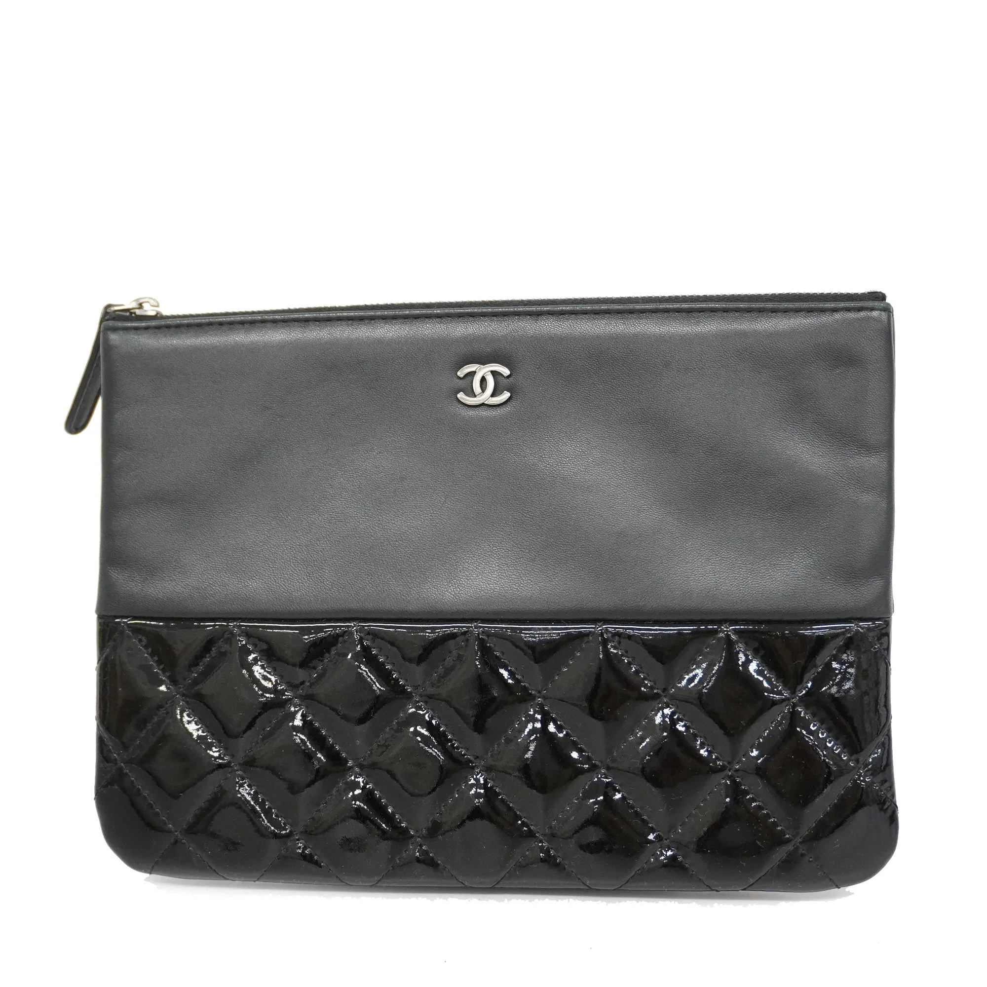 CHANEL  Matelasse Women's Leather,Patent Leather Clutch Bag Black