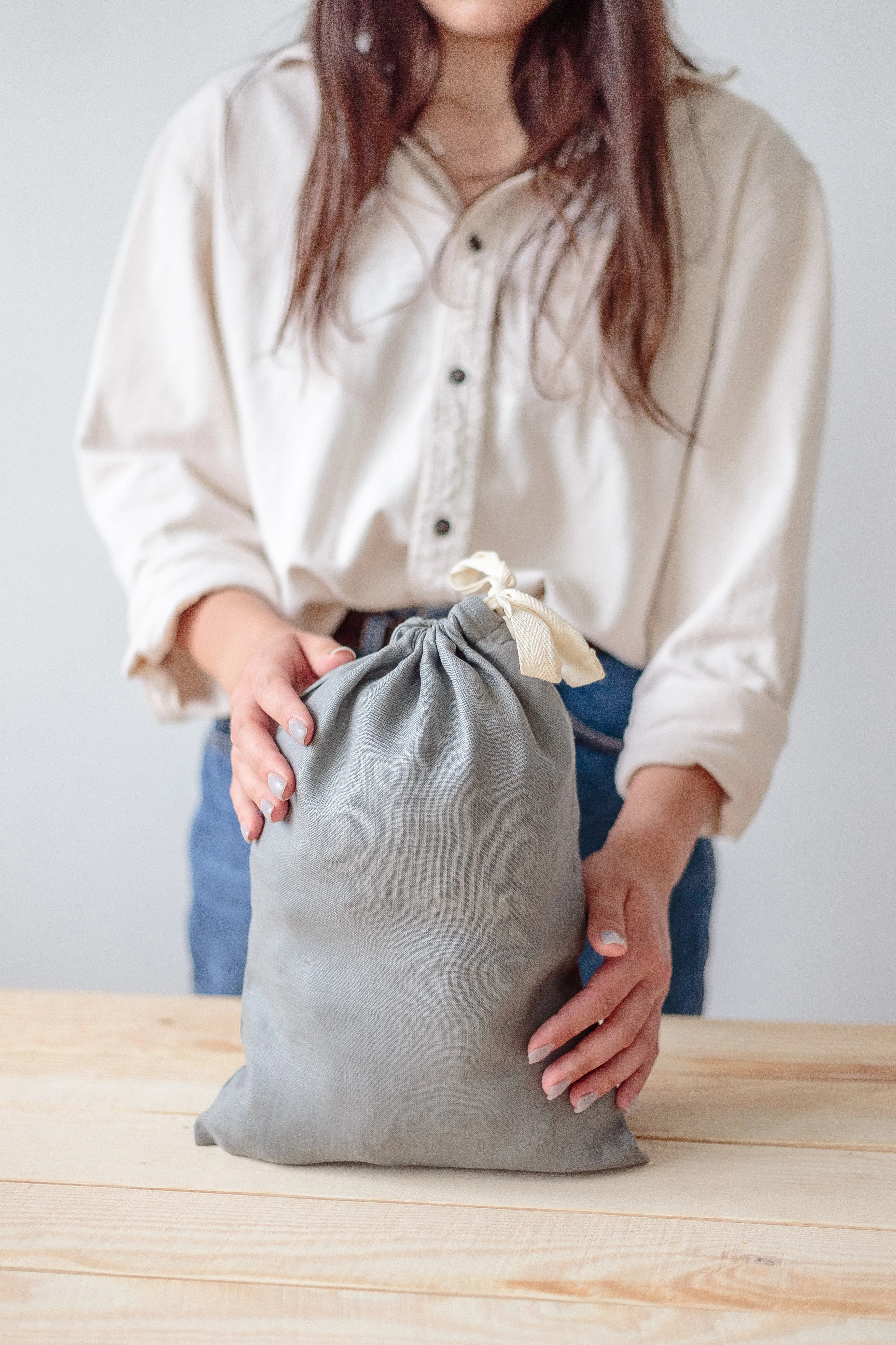 Charcoal Crey Linen Drawstring Storage Bag