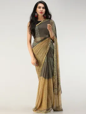 Charcoal Mustard Hand Block Printed Chiffon Saree with Zari Border - S031704558