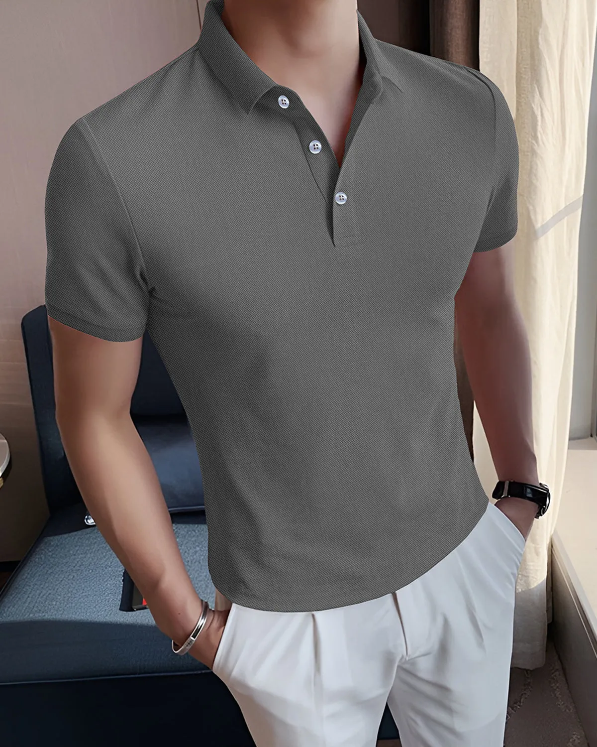 Charcoal Polo Button Collar T-Shirt