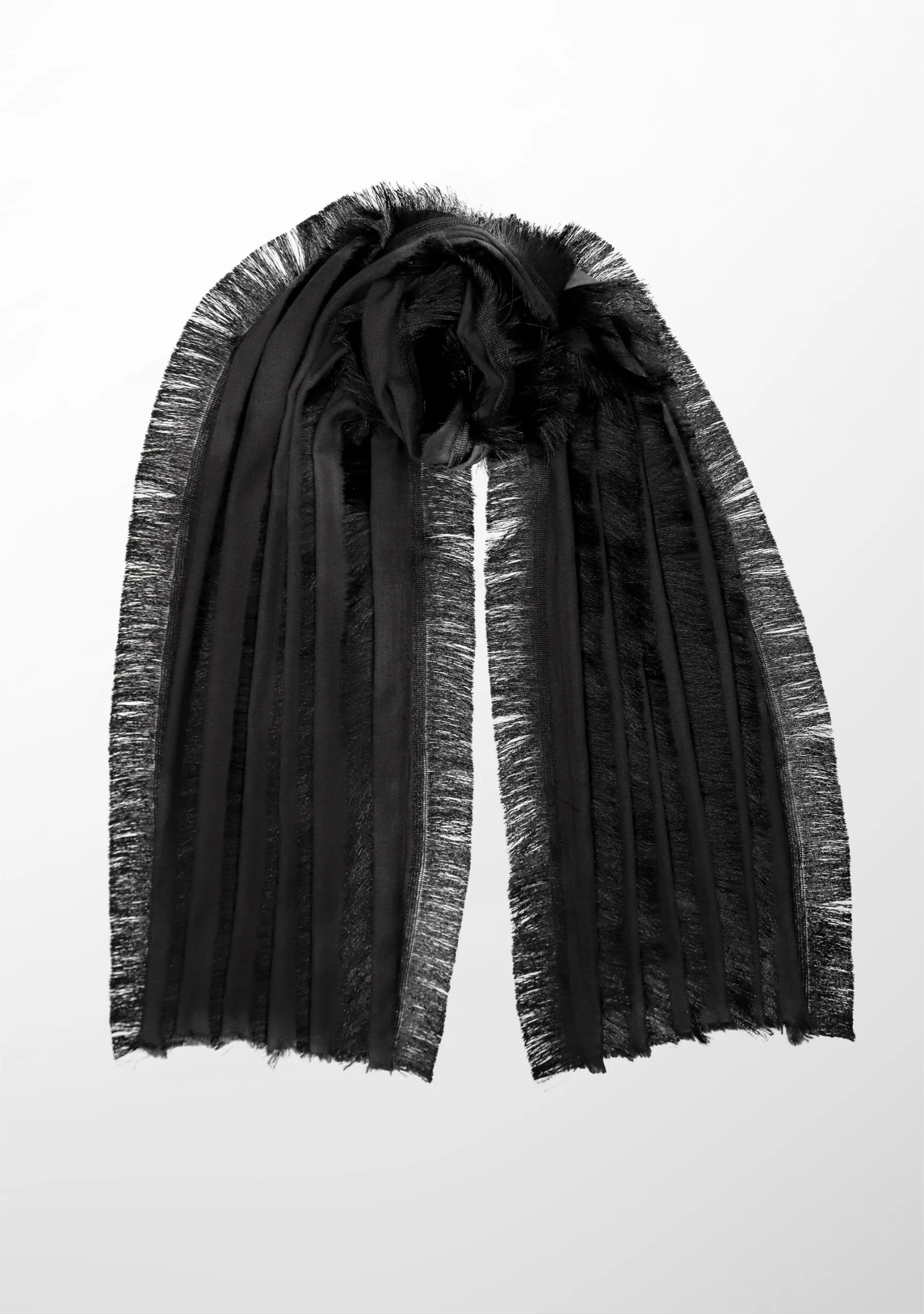 Charcoal Wool and Silk Scarf with Black Fringe Panels