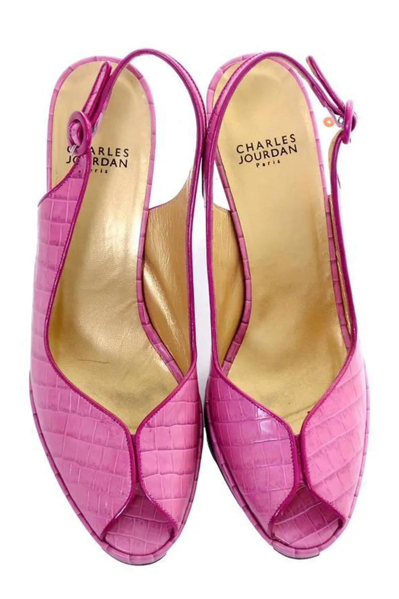 Charles Jourdan Shoes Purple Pink Alligator Embossed Leather Peep Toe 9