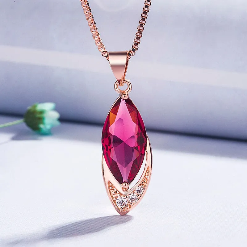 Charms 9x29MM Rose Gold Color Red Ruby Pendant Necklaces for Women Silver 925 Jewelry Necklace