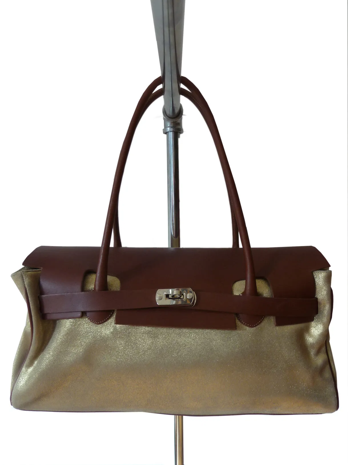 Chatona Large Satchel Silver Suede And Saddle Leather