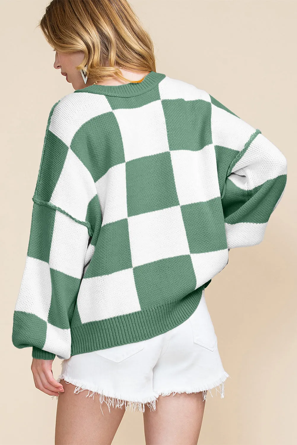 Checkered Bishop Sleeve Sweater 100% Acrylic