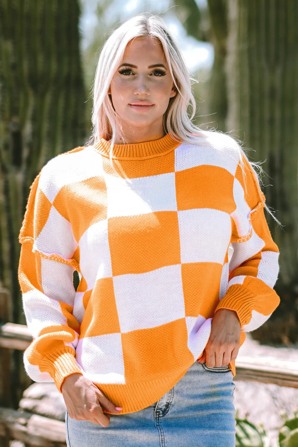 Checkered Bishop Sleeve Sweater 100% Acrylic