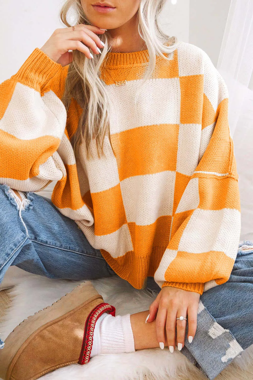 Checkered Bishop Sleeve Sweater 100% Acrylic