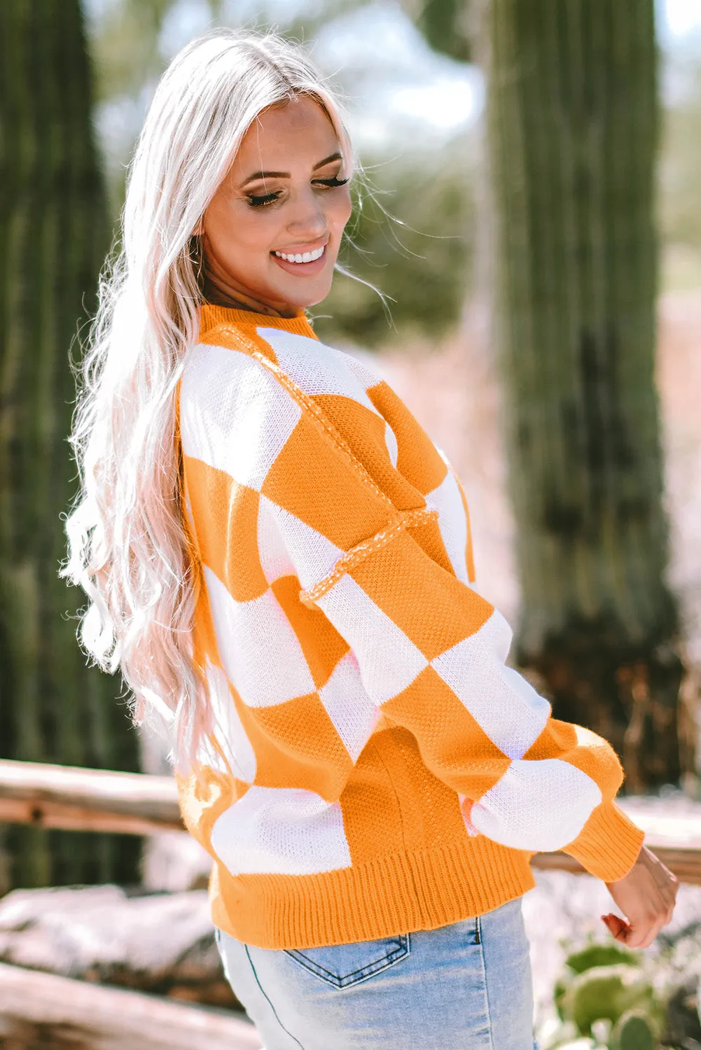 Checkered Bishop Sleeve Sweater 100% Acrylic