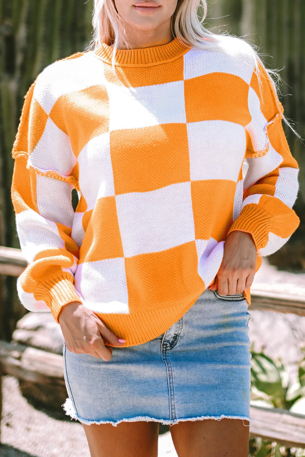 Checkered Bishop Sleeve Sweater 100% Acrylic