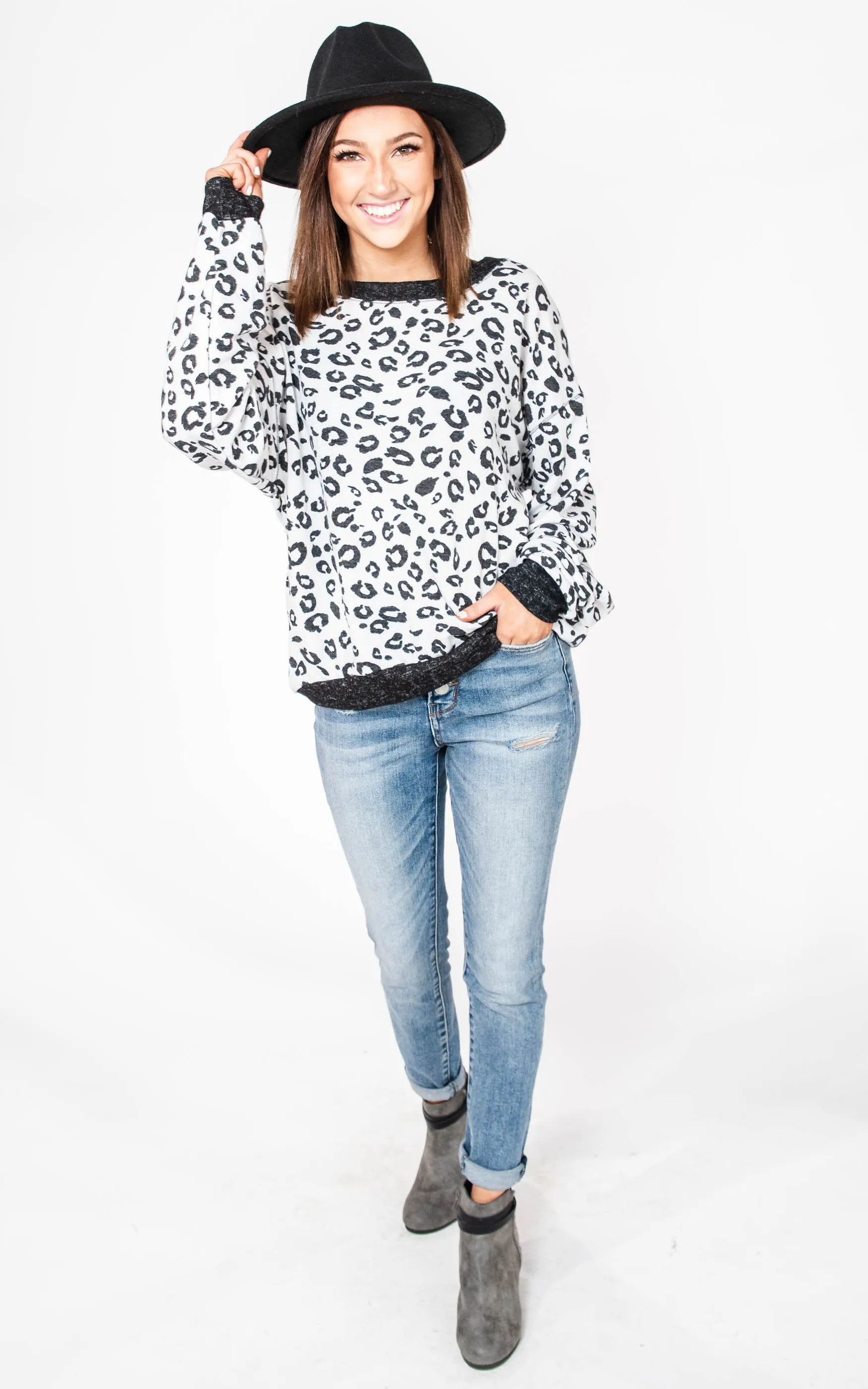 Cheetah Print Knit Top- White Birch | FINAL SALE