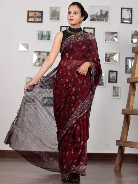 Cherry Red Blue Ivory Hand Block Printed Chiffon Saree with Zari Border - S031702772