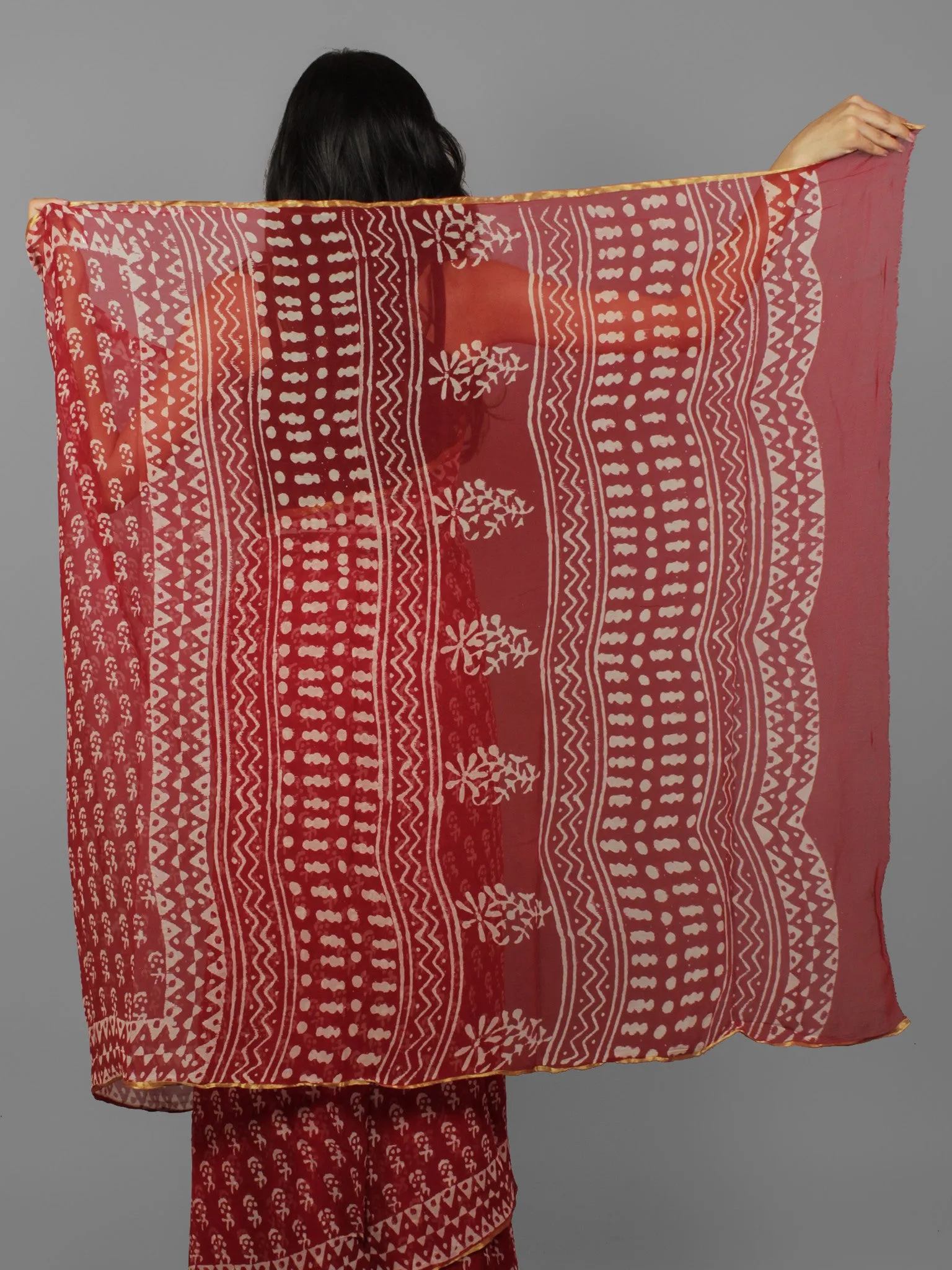 Cherry Red Ivory Hand Block Printed Chiffon Saree - S031702073