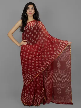 Cherry Red Ivory Hand Block Printed Chiffon Saree - S031702077