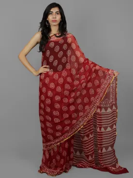 Cherry Red Ivory Hand Block Printed Chiffon Saree - S031702078