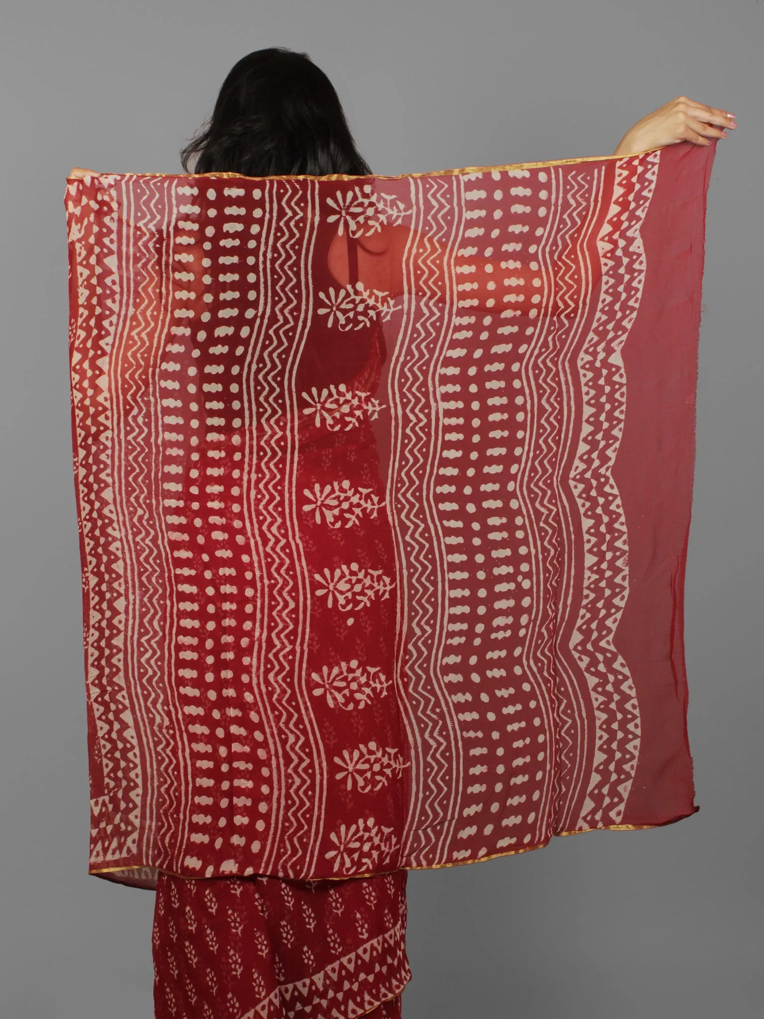 Cherry Red Ivory Hand Block Printed Chiffon Saree - S031702086