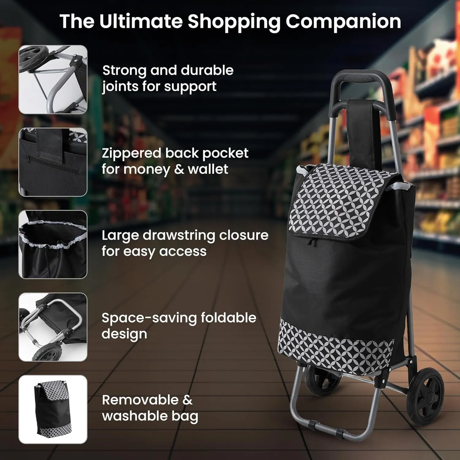 Cheston Shopping Bag for Grocery | Foldable Shopping Trolly Bag with Wheels | Large and Lightweight Shopping Trolly Bag with 30 Kg Capacity | Water-Proof Oxford Fabric with Multiple Pockets (Black)