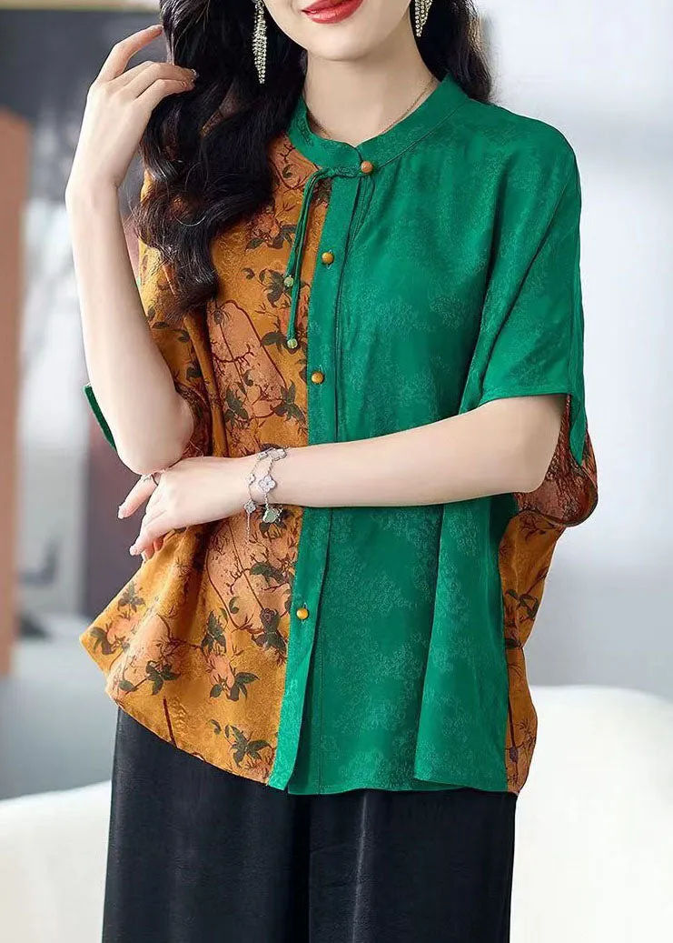 Chic Colorblock Stand Collar Tasseled Print Patchwork Silk Shirts Tops Summer TF1023