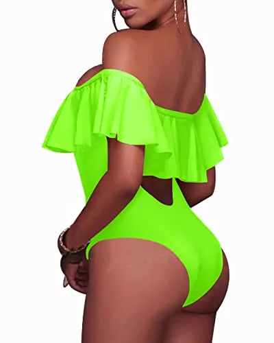 Chic Flounce Off The Shoulder One Piece Swimsuit For Girls-Neon Green